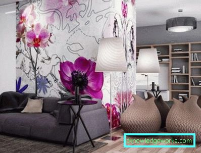 Photowall-paperi olohuoneen sisustuksessa modernilla tyylillä - kuva ideoista